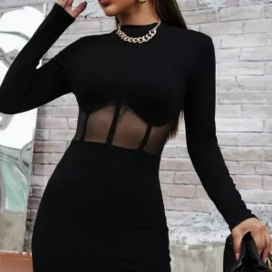 Rib-knit Bodycon Dress with Sheer Mesh