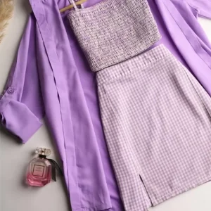 Set Of 3: Lavender Checkered Skirt with Over sized Shirt and Full Smocking Top