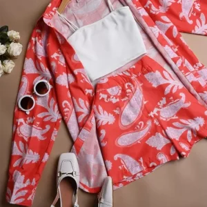 Set of 3: Ethnic Printed Shirt and Shorts With a Complementary White Crop Top