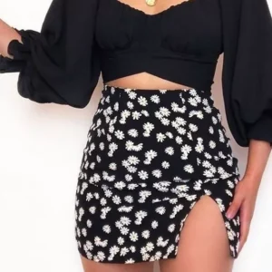 Set of 2- Puffed Sleeves  Black Crop Top With Side Slit Fitted Skirt