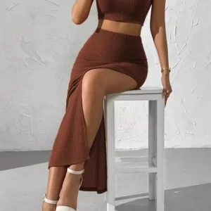 Brown Ribbed Co-Ord Set
