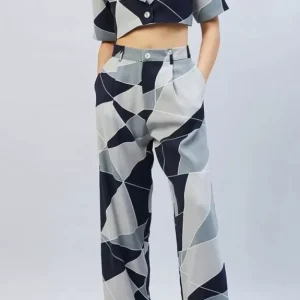 Set of 2- Colorblock Crop Blazer With High Waist Trouser