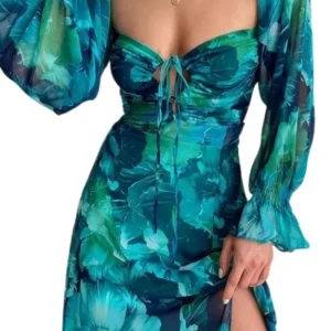Floral Print Bishop Sleeves Side Slit Dress