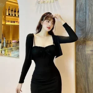 Black Ribbed Mini Dress And Cardigan-Set of 2