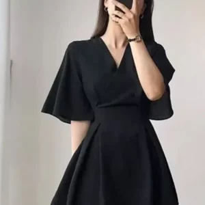 Cross Wrap Solid Pleats V-neck Causal Dress