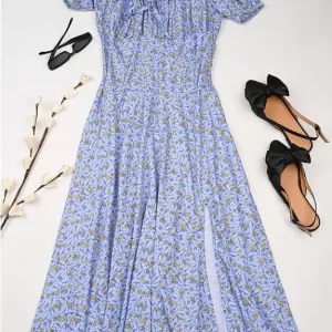 Side Slit Blue Floral Print Dress