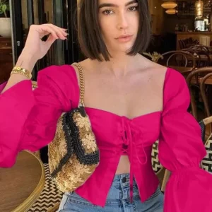 Hot Pink Front Tie Puff Sleeve Top