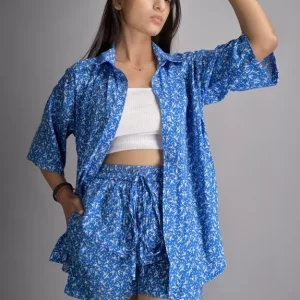 Set of 3: Blue Ditsy Printed Oversized Shirt & Shorts With a Complementary White Top