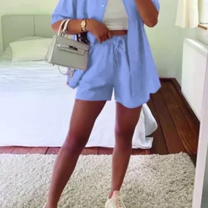 Set of 3:- Light Blue Cotton shirt with shorts and rib top