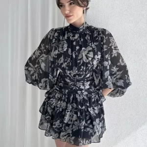 Black Floral Printed Turtle Neck Fit & Flared Summer Dress