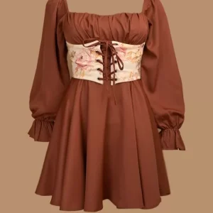 Floral Print Lace Up Front Bishop sleeves Dress Sleeve Dress