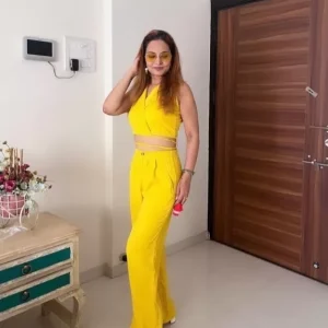 Set Of 2 - Yellow Crop Top With Trouser