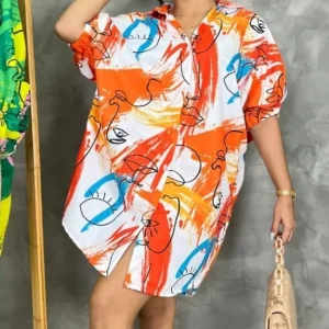 Orange & White Face Printed Oversized Shirt