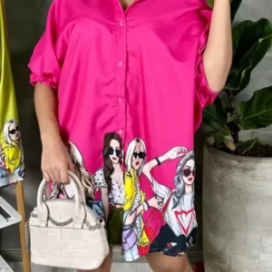 Pink Fashion Figure Graphic  Oversized Shirt