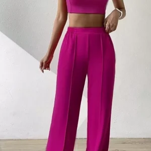 Hot Pink Square Neckline Crop Top With Trouser