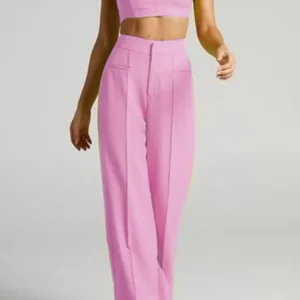 Set Of 2 - Baby Pink Notch Neckline Crop Top With Trouser
