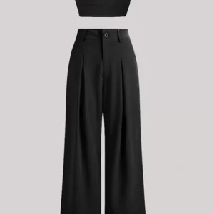 Set of 2-Black Crop Top With High Waist Flared Pants