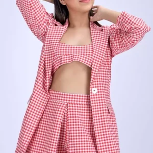 Set Of 3 - Checked Shorts With Blazer & Cami Top