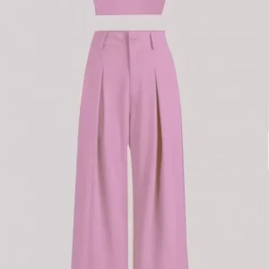 Set of 2-Baby Pink Crop Top With High Waist Flared Pants