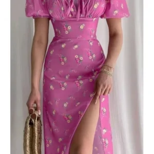Fushcia Pink Floral Front Slit Dress