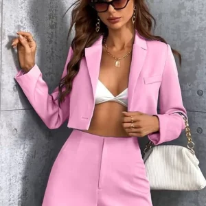 Set Of 2 - Baby Pink Crop Blazer With Shorts