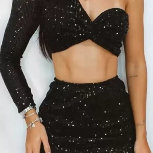 Set Of 2 - Velvet Sequin One Shoulder Top With Mini Skirt