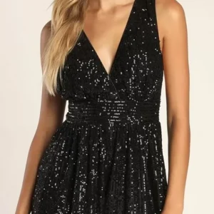 Black Sequin Deep-V Neck Jumper