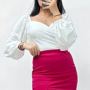 Set of Two-Puffed Sleeve White Top with Hot Pink Skirt