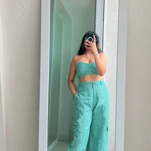Set Of 2- Green Checkered Bralette With High Waist Joggers