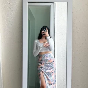 Set Of 2-White Rib Top With Side Slit Satin Skirt