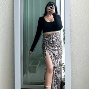 Set of 2- Black Rib Top With Animal Print Side Slit Skirt
