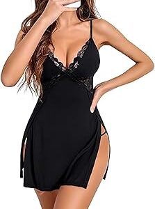 Women Babydoll Lingerie Set Deep V-Neck Lace Trim Embroidery Mesh Chemise Side Slit Mini Nightwear for Bridals Valentine & Honeymoon Night