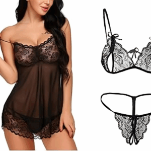 Lace Babydoll Lingerie Sexy Mini Chemise Mesh Wedding Nightie Bridal Nightdress with Bikini