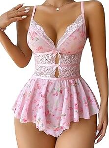 Rave Outfits for Women Girl Bows Floral Lace Mesh Babydoll Lingerie Sleepwear Romper Panty