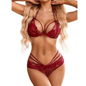 Women's Floral Lace Sexy Lingerie Set, Strappy Push-Up Bra and Panty