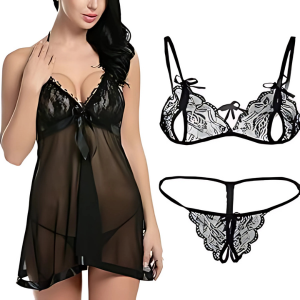 Combo Offer! Women Babydoll Nightwear Lace Bra Panty Lingerie Set